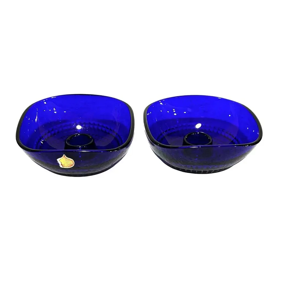 Cobalt blue Scandinavia Sweden Glass bowl candle holders pair AB Nybro Glasbruk